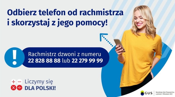 Plakat z informacją odbierz telefon od rachmistrza spisowego w ramach NSPLiM 2021