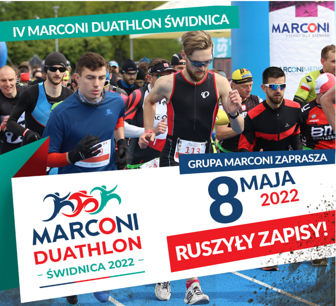 Plakat z zapowiedzią IV edycji biegu Marconi Duathlon Świdnica, a na plakacie osoby w stronach biegowych, na dole logotypy organizatorów i sponsorów