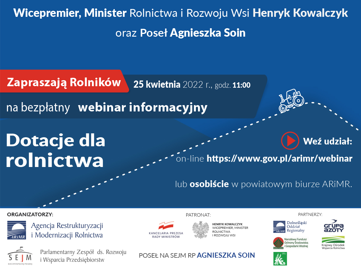 Baner z zapowiedzią bezpłatnego webinaru dla rolników z datą i godziną. W dolnej częsci znaki graficzne organizatorów