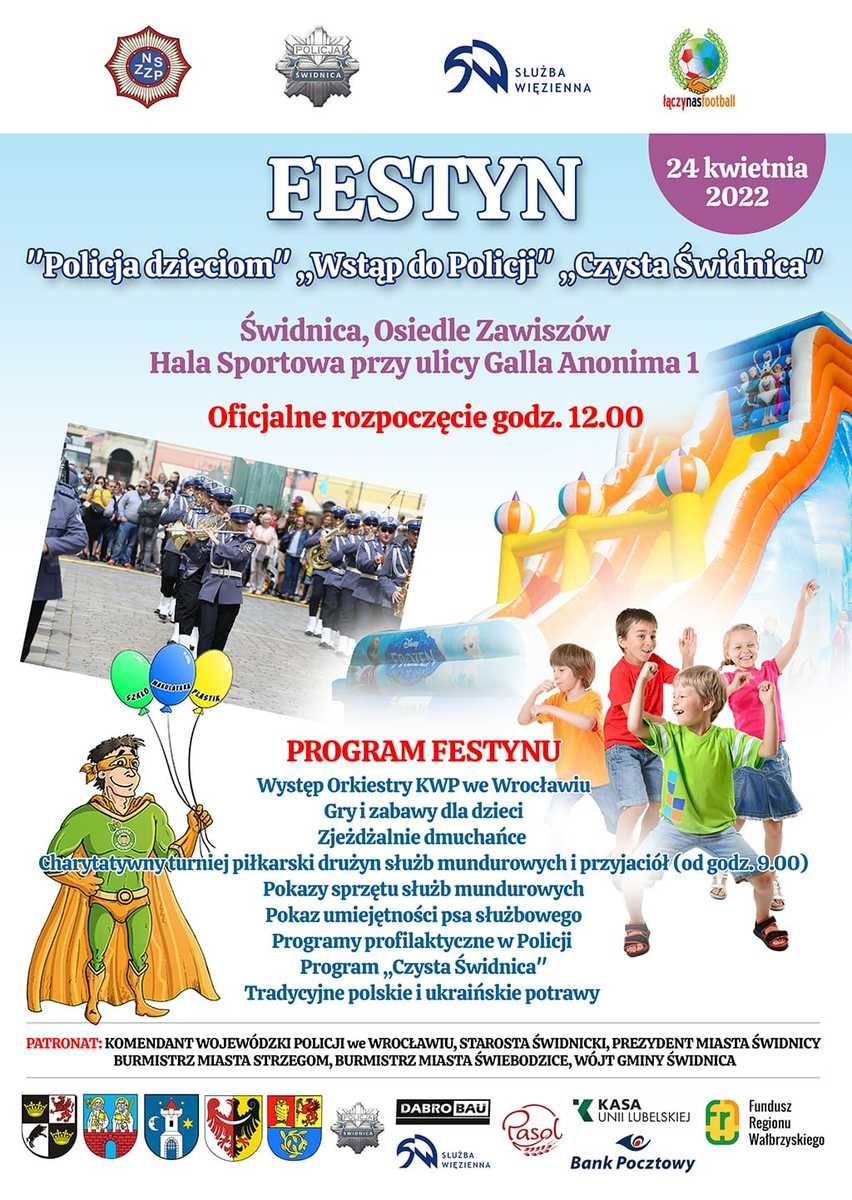 Plakat z zapowiedzią festynu charytatywnego zaplanowanego na dzień 24 kwietnia na godz. 12.00 Na plakacie grafika z orkiestrądęt, zjeżdżalnia dmuchana, dzieci, dzieci, na dole herby instytucji i organizatorów