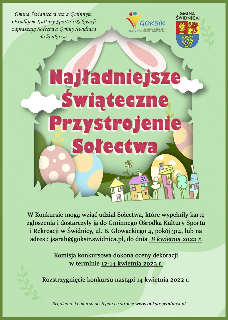 Plakat z konkursem wielkanocnym, w centralnej części pisanki, kolor tła zielony