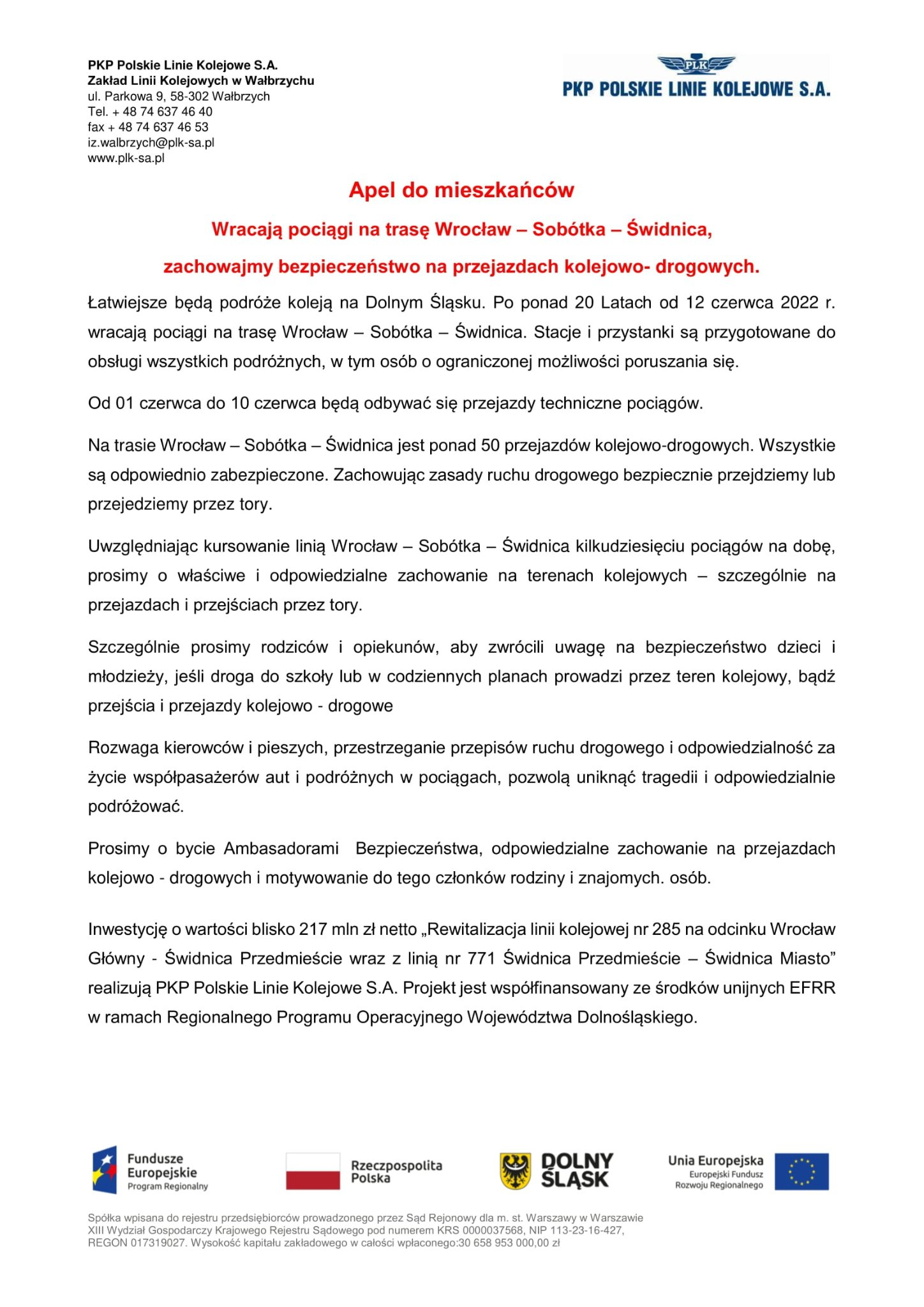 Apel PKP w sprawie powrotu przejazdu pociągów na trasie Wrocław-Sobótka-Świdnica