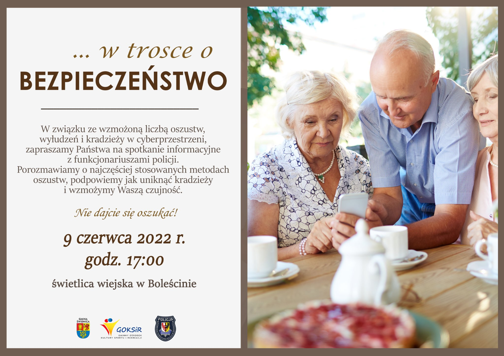 Plakat z zapowiedzi spotkania z dzielnicowym gminy Świdnica na temat bezpieczeństwa