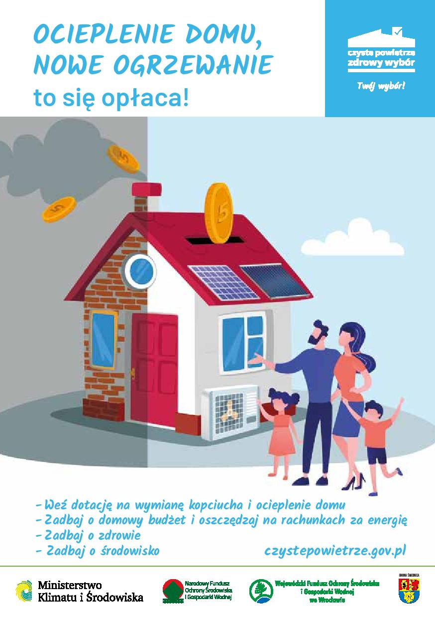 Plakat OCIEPLENIE DOMU, NOWE OGRZEWANIE - clipart: rodzina z dwojgiem dzieci przed eko domkiem skarbonką