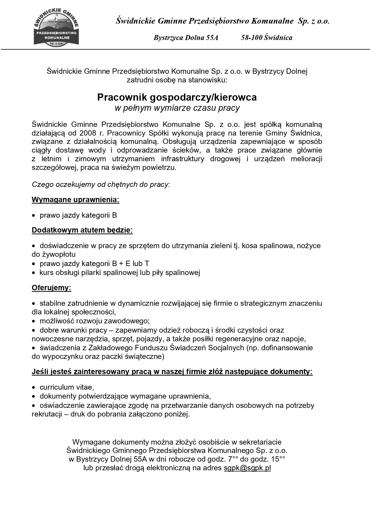 Ogłoszenie o prace gminne wodociągi