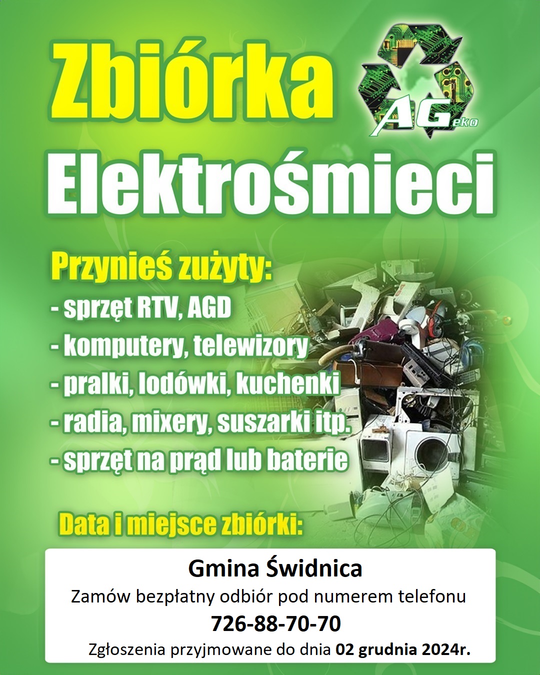 Zbiórka elektrośmieci plakat z zielony tłem i grafika elektrośmieci