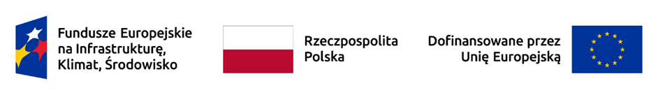Baner projektu - od lewej grafika na niebieskim tle trzy kolorowe gwiazdy w formie trójkąta: biała, żółta, czerwona,  napis fundusze Europejskie na Infrastrukturę, Klimat, Środowisko;  flaga Polski, napis Rzeczpospolita Polska; napis Dofinansowane przez Unię Europejską, flaga UE