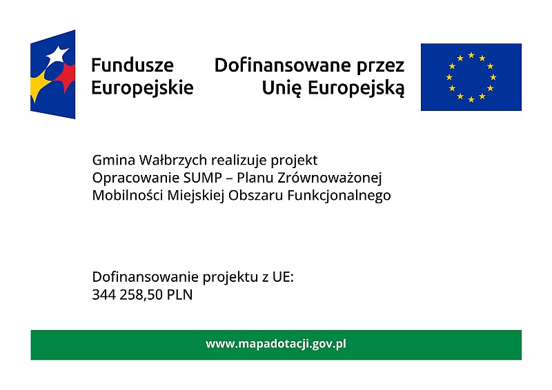 Fundusze Europejskie - Dofinansowane przez Unię Europejską Gmina Wałbrzych realizuje projekt Opracowanie SUMP – Planu Zrównoważonej Mobilności Miejskiej Obszaru Funkcjonalnego Dofinansowanie projektu z UE: 344 258,50 PLN www.mapadotacji.gov.pl