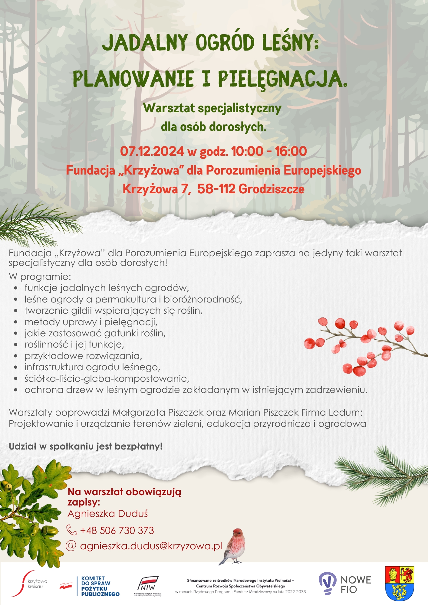 Infografika warsztaty z projektowania ogrodów. W górnej częsci las, w narożnikach gałązki krzewów, w środkowej części opis spotkania