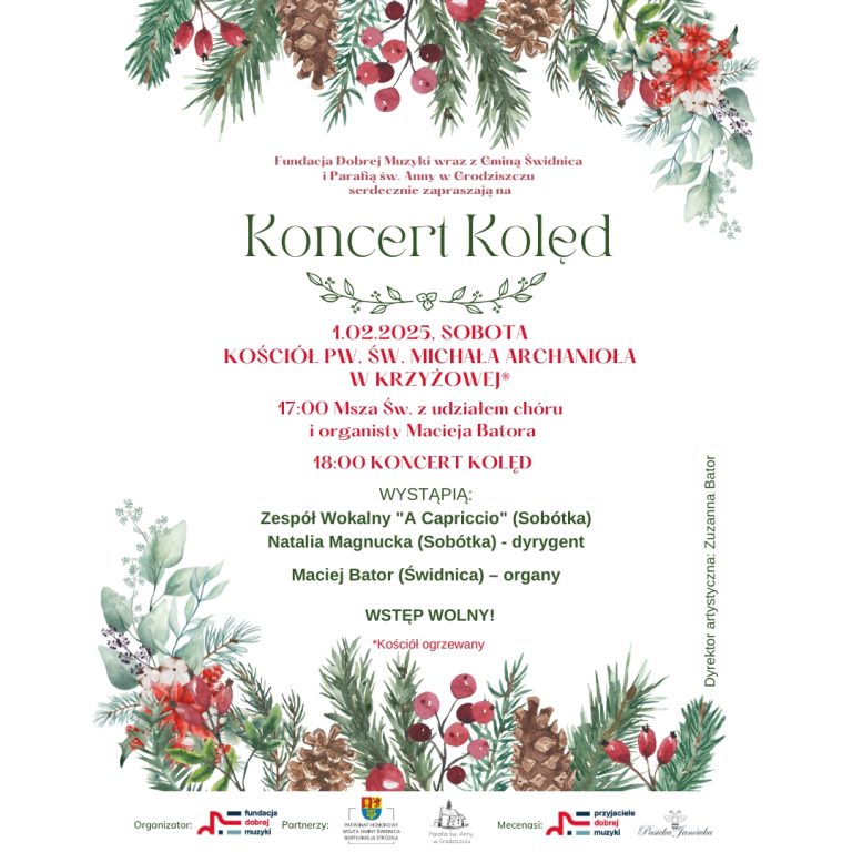 Koncert kolęd plakat w górnej i dolnej części plakatu infografika świąteczna, szyszki, choinki i gałązki