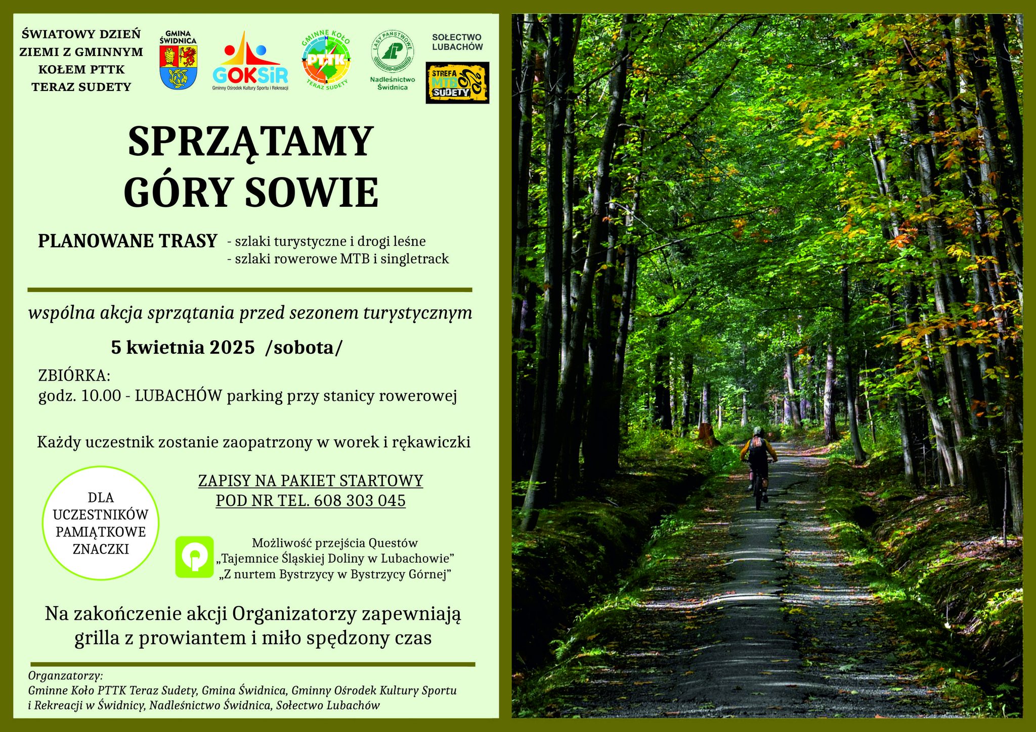 Grafika sprzątamy Góry sowie. Po lewej str. zapowiedź o wydarzeniu po prawej ścieżka w lesie, po obu stronach drzewa