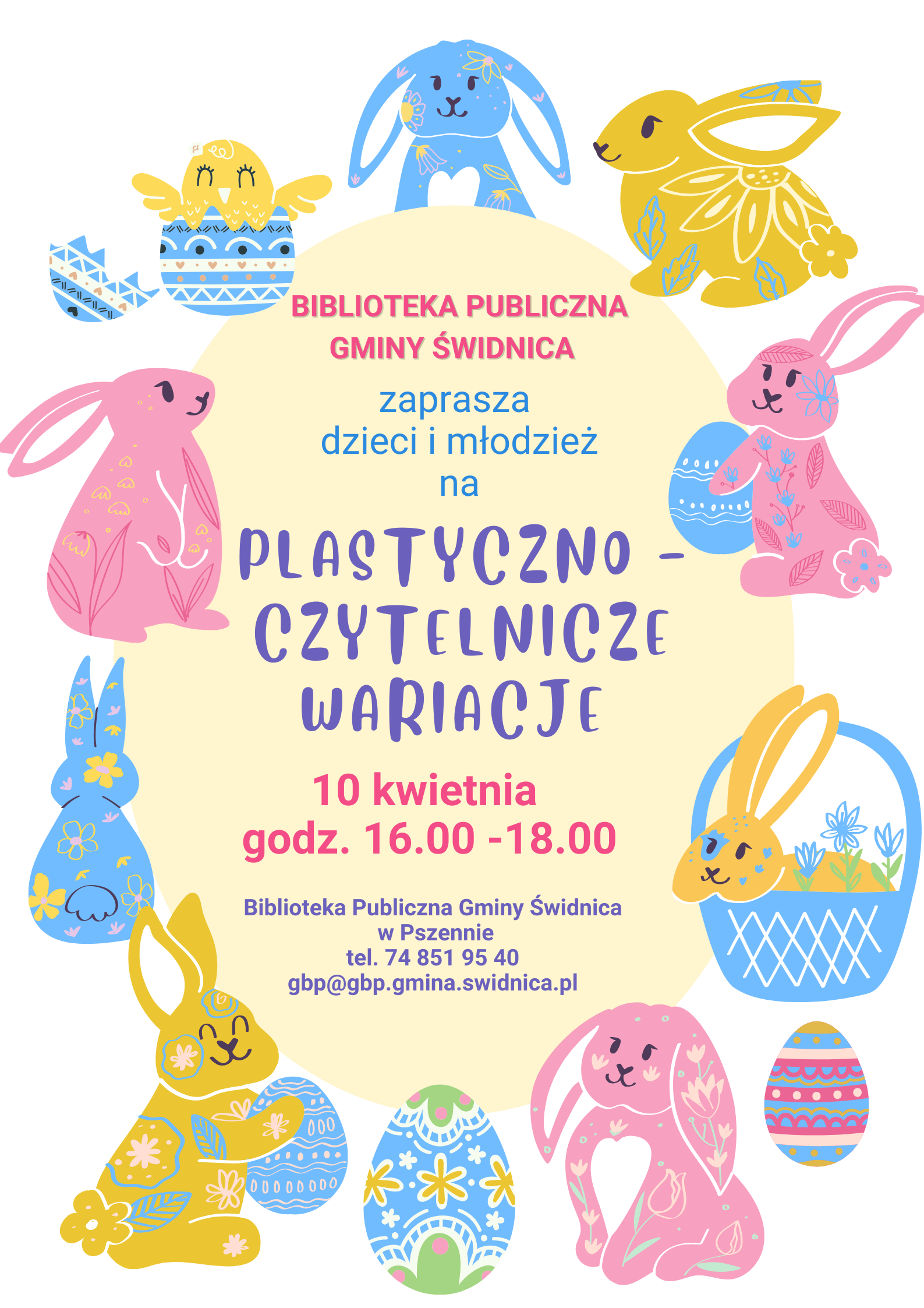 Plakat z zapowiedzią warsztatów plastycznych w Bibliotece Gminnej. Na środku jajko wokół niego zające trzymające jajka i zające w koszyczkach