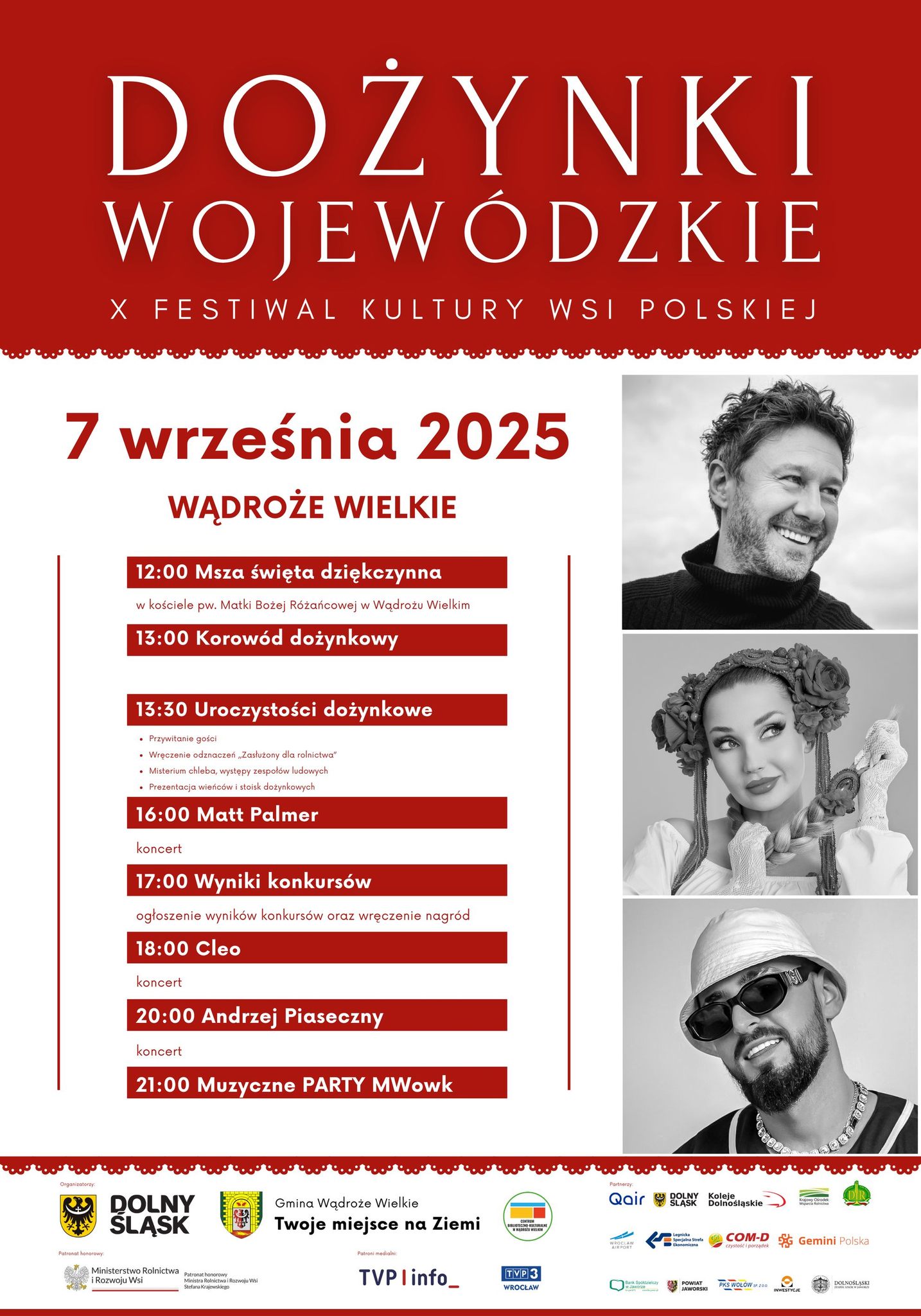 Plakat na dozynki wojewódzkie, po prawej stronie fotografie artystów: Piasek, Cleo, Party MWowk