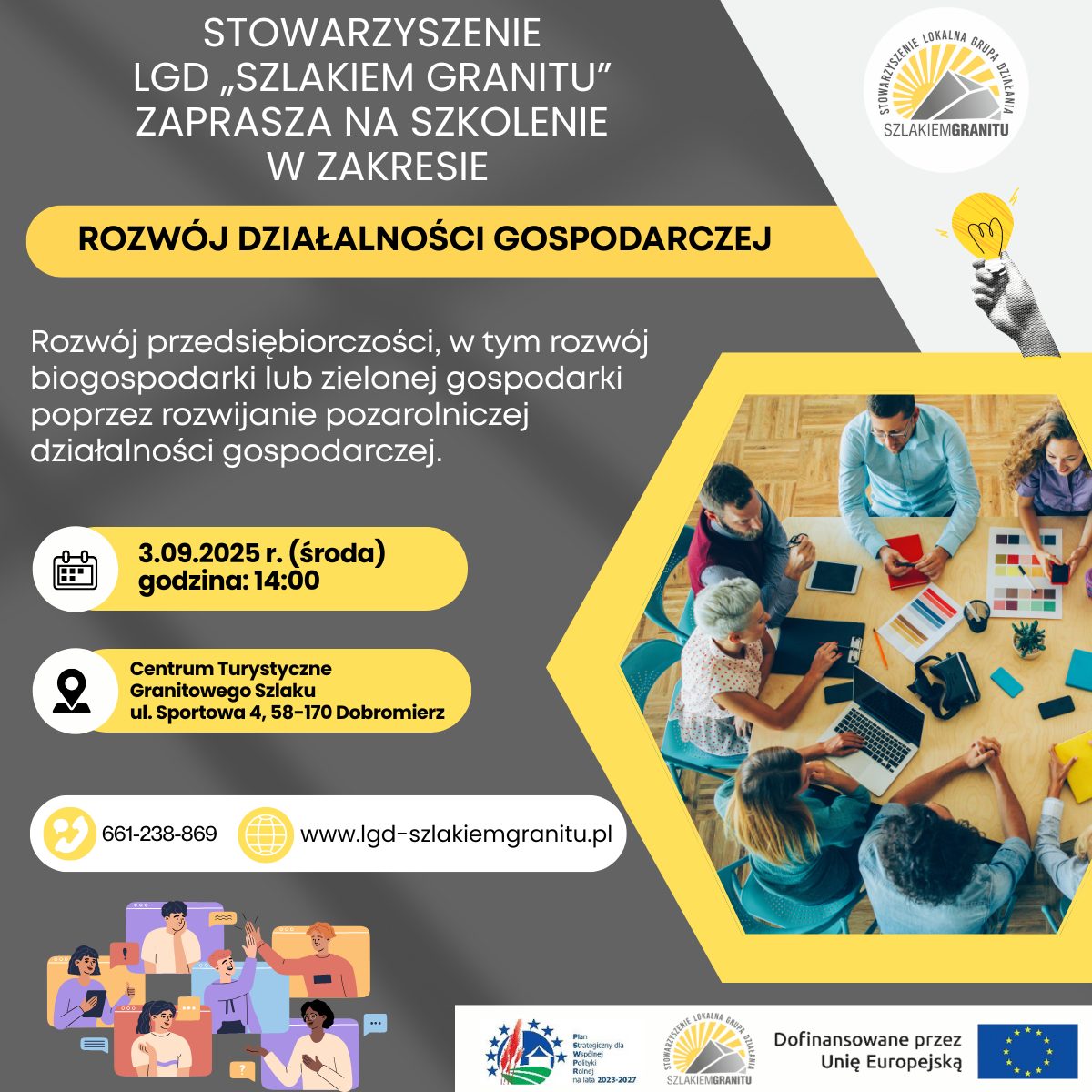 Plakat z zapowiedzią szkolenia, po prawej stronie fotografia osób siedzących przy biurku z laptopami i materiałami biurowymi, po lewej terminarz i logotypy