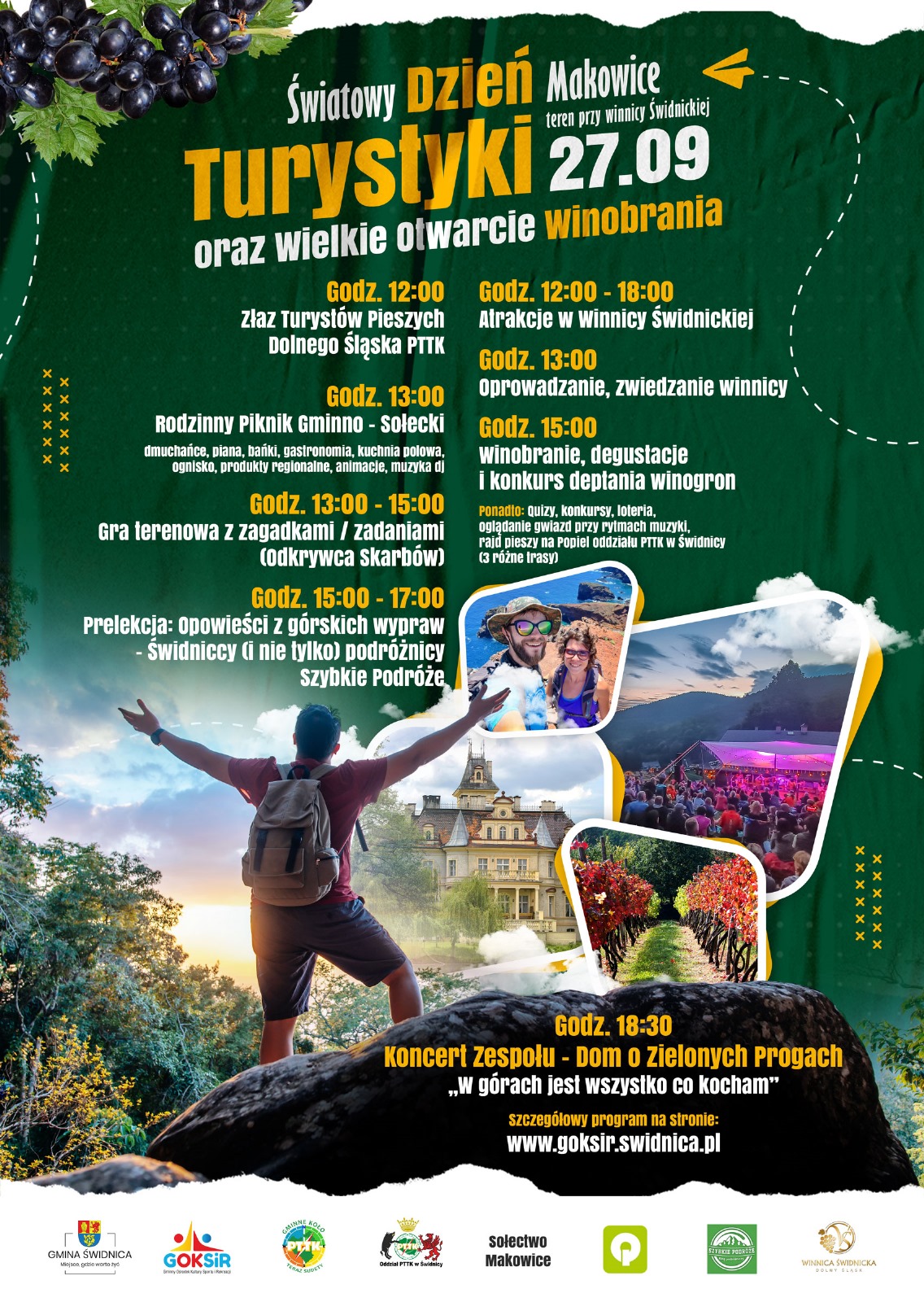 Gminny Dzień Turystyki, plakat w kolorze zieleni z kolażem zdjęć