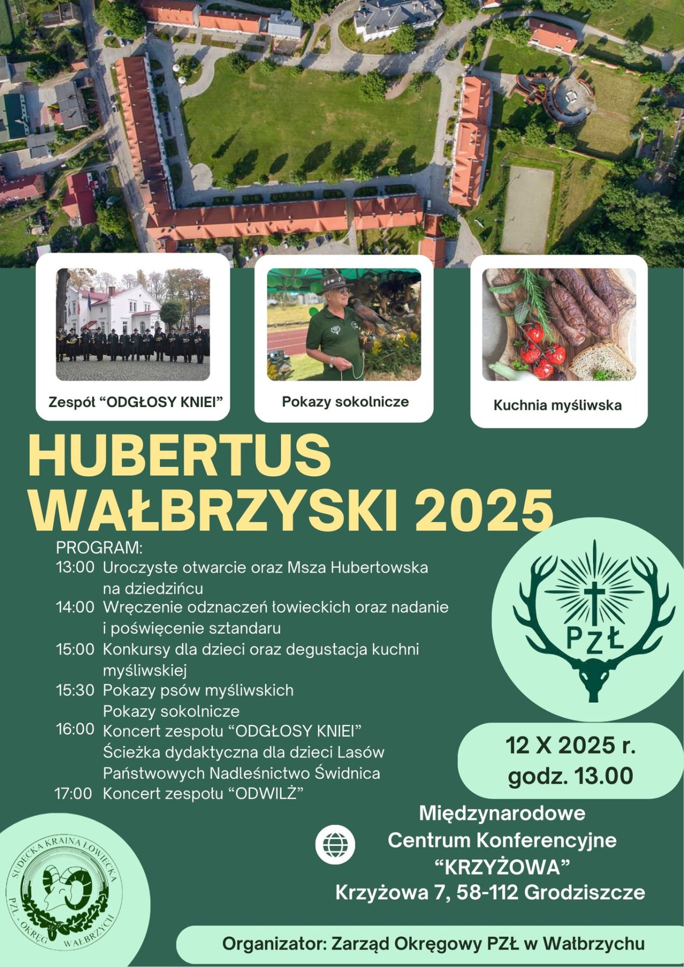 plakat hubertus wałbrzyski 2025 w kolorze zieleni, w górnej części fotografie, w dolnej program wydarzenia i logotypy organizatorów