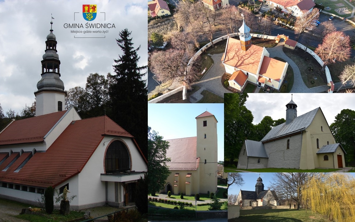 Kolaż zdjęć z kościołami na terenie gminy Świdnica