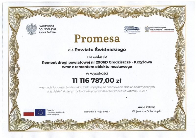 Promesa na zadanie w Grodziszczu droga powiatowa na odcinku Grodziszcze-Krzyżowa