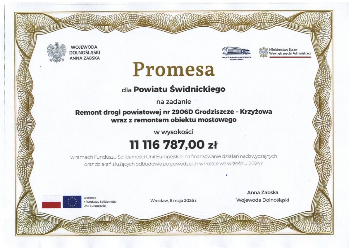 Promesa na zadanie w Grodziszczu droga powiatowa na odcinku Grodziszcze-Krzyżowa