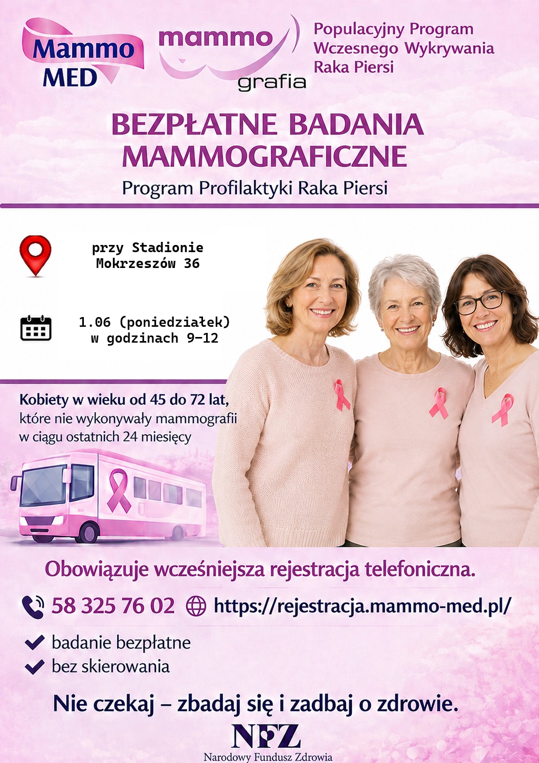 Infografika 3 kobiety zachęcające do badań mammograficznych