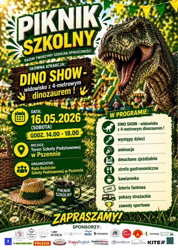 plakat z grafika na piknik z pokazem i dinozaurem