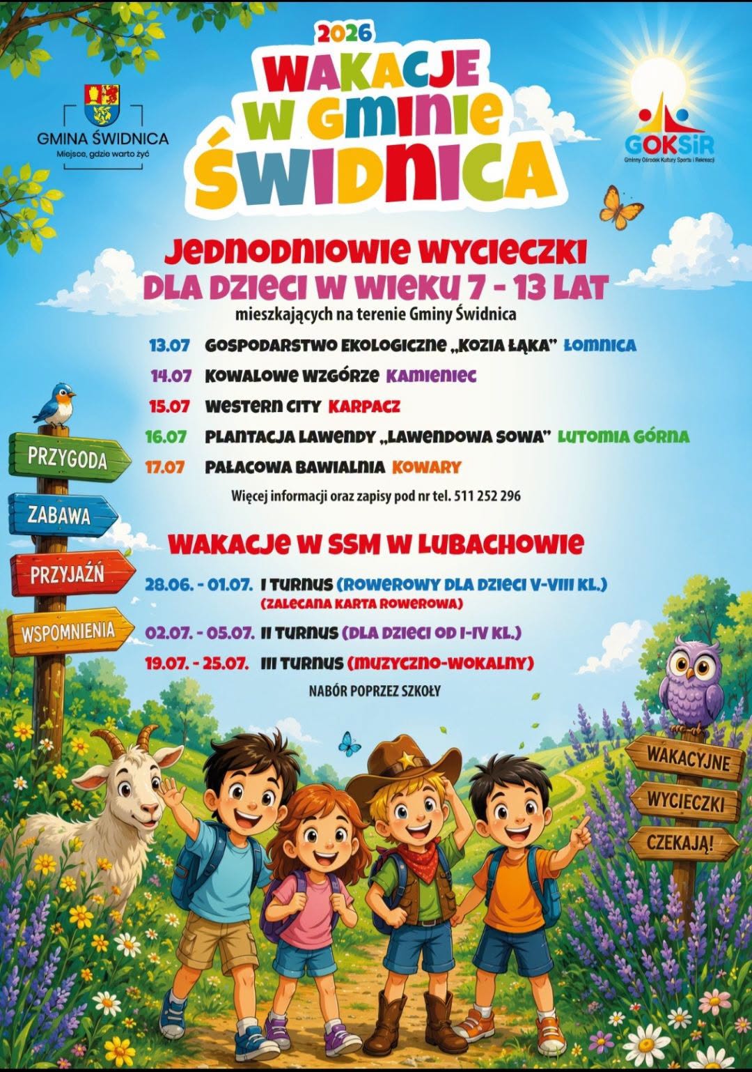 infografika wakacje w gminie, na dole grupa uśmiechniętych dzieci